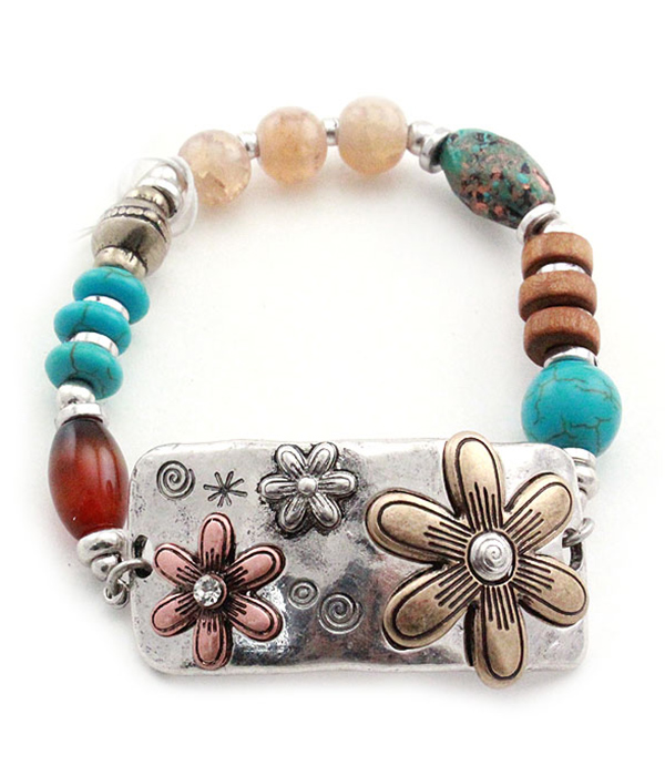 FLOWER THEME METAL BAR AND MULTI NATURAL BEAD MIX STRETCH BRACELET