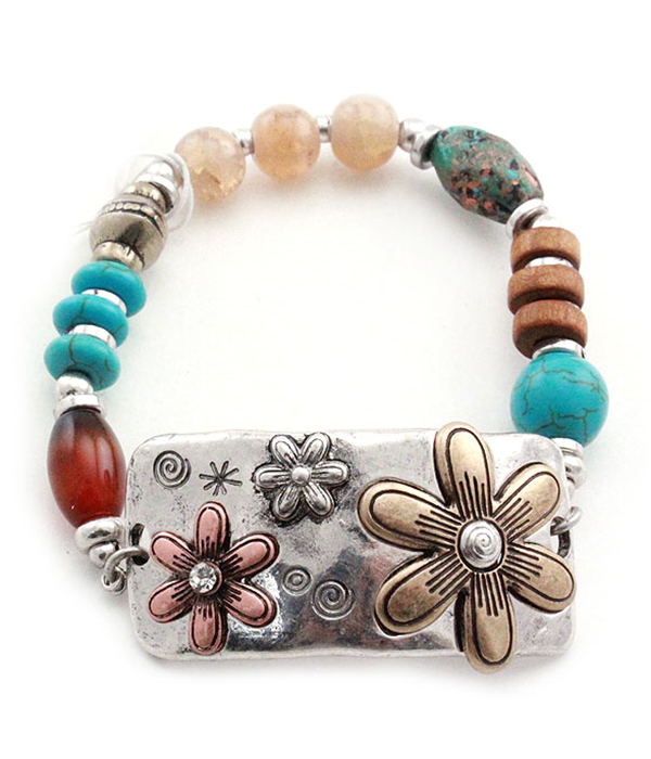 Flower theme metal bar and multi natural bead mix stretch bracelet