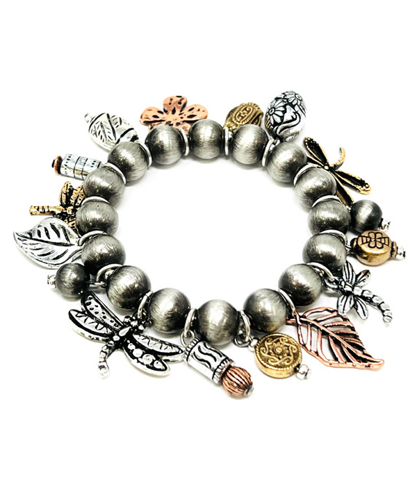 GARDEN THEME MULTI CHARM DANGLE AND NAVAJO PEARL STRETCH BRACELET - DRAGONFLY