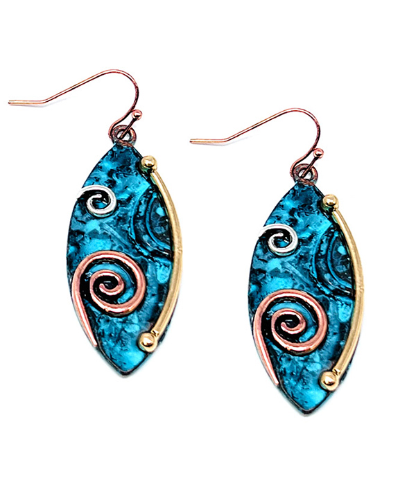 Vintage brutalist spiral metal art marquis disc earring
