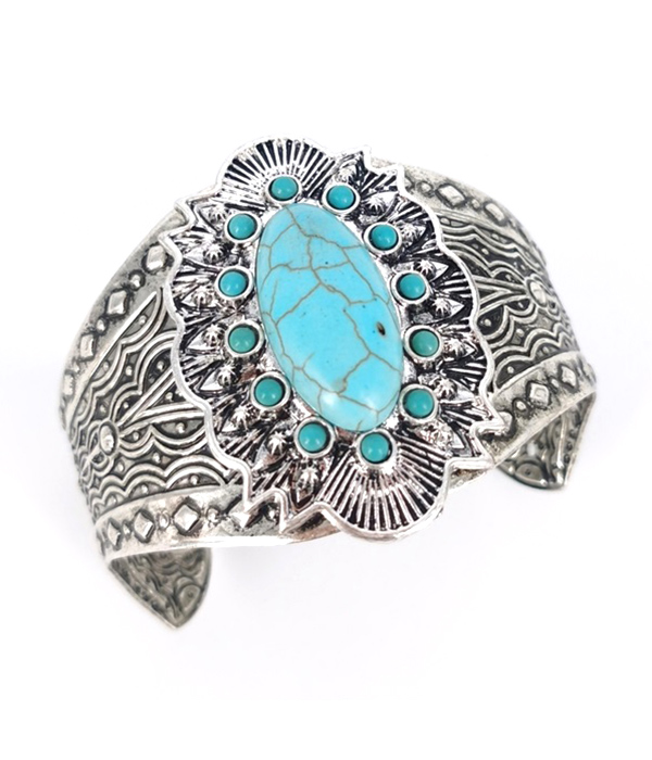 Oval turquoise center wide bangle bracelet