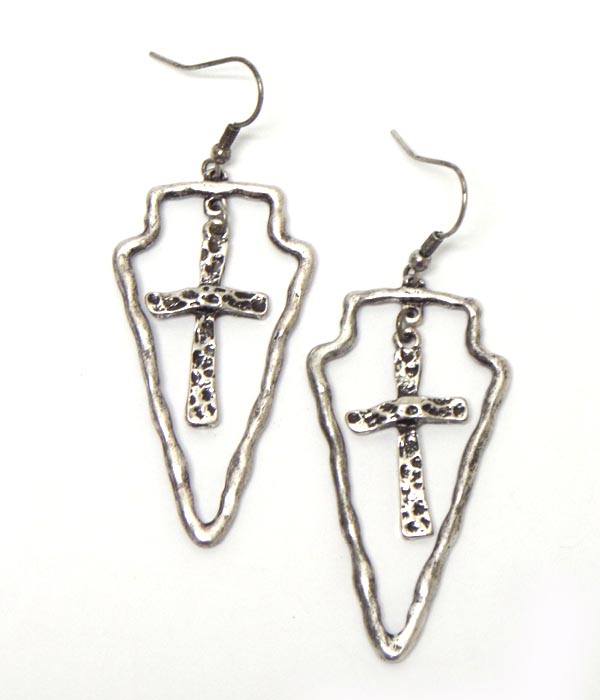 Rustic shape cross drop hook earrings
