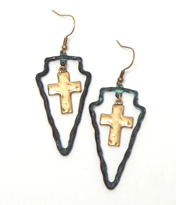 Rustic shape cross drop hook earrings 