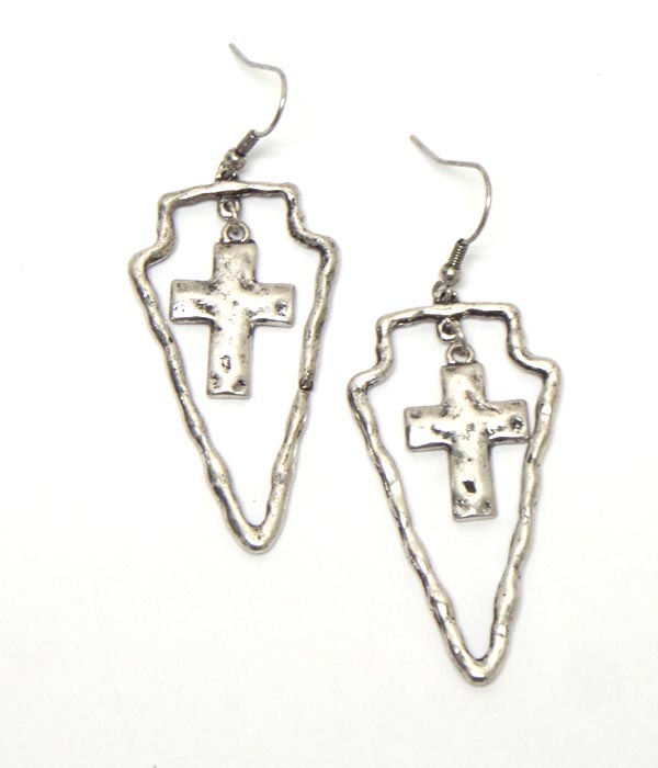 Rustic shape cross drop hook earrings 