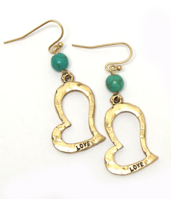 Heart love metal stone  hook earrings