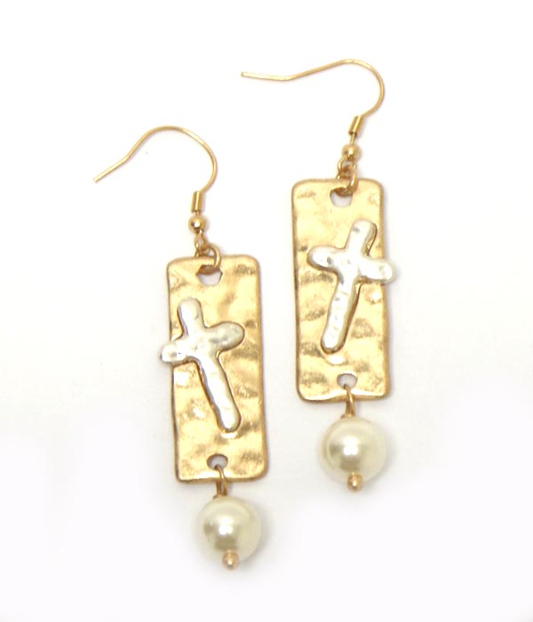 Metal bar with cross and pearl drop hook earrings