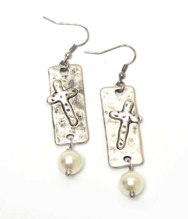 Metal bar with cross and pearl drop hook earrings