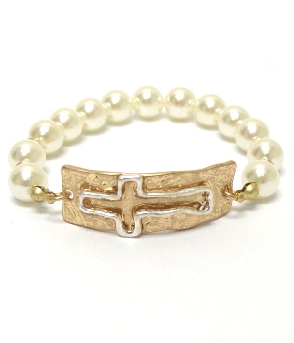 Multi metal bar cross pearl bracelet 