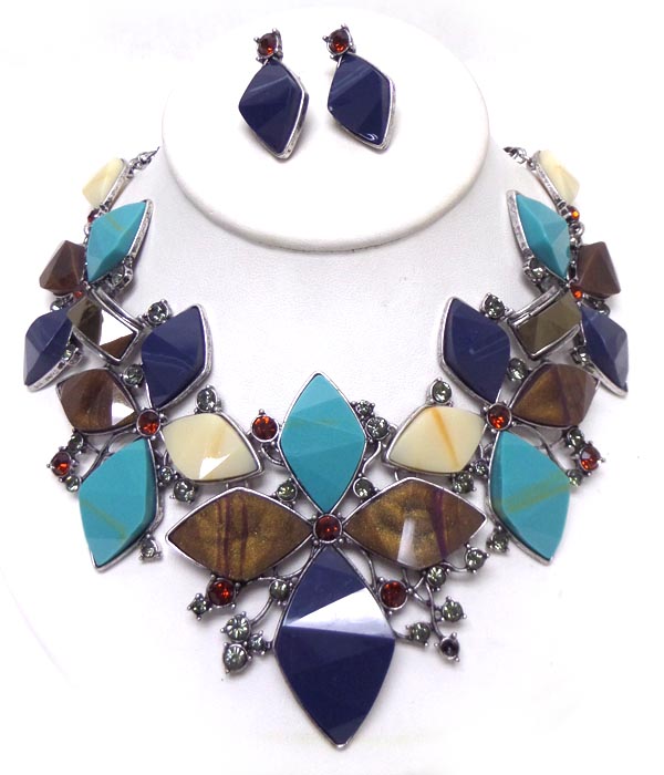 Flower multi stones metal necklace set