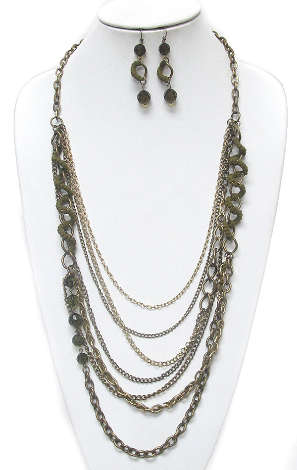 Multi row facet glass beads and metal chain mix long necklace earring set