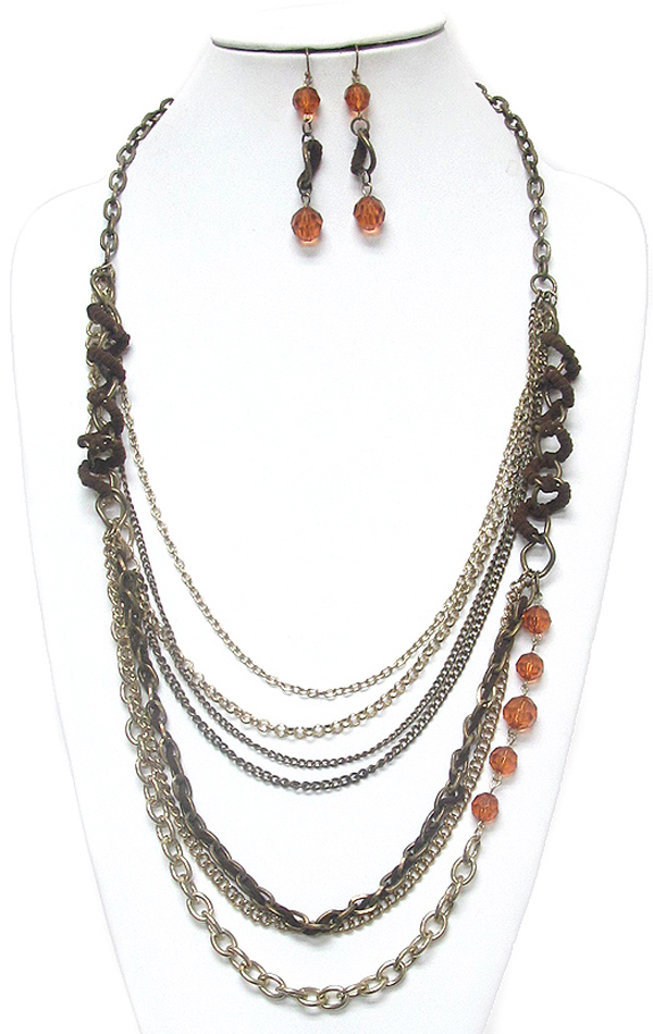 Multi row facet glass beads and metal chain mix long necklace earring set