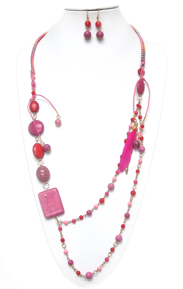 Natural stone and feather long necklace set