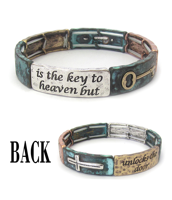 RELIGIOUS INSPIRATION MESSAGE STRETCH BRACELET - PRAYER IS THE KEY TO HEAVEN BUT FAITH UNLOCK THE DOOR