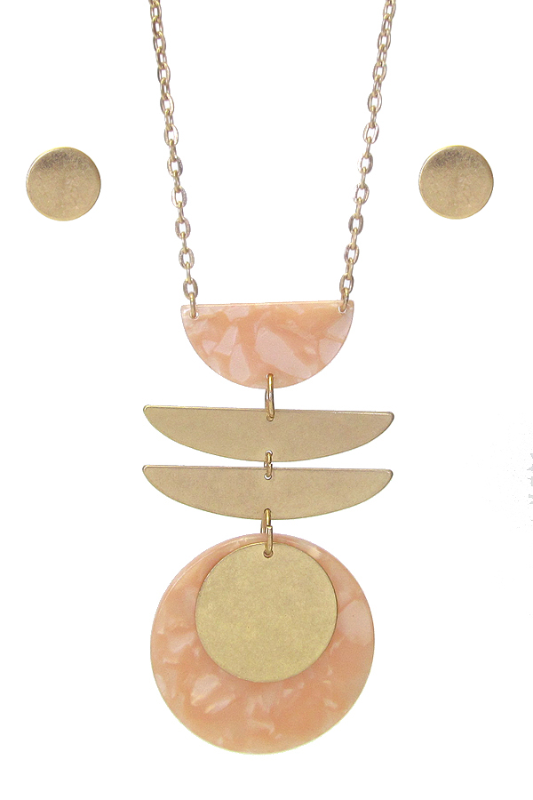ORGANIC CELLULOSE AND METAL DISC MIX PENDANT LONG CHAIN NECKLACE SET