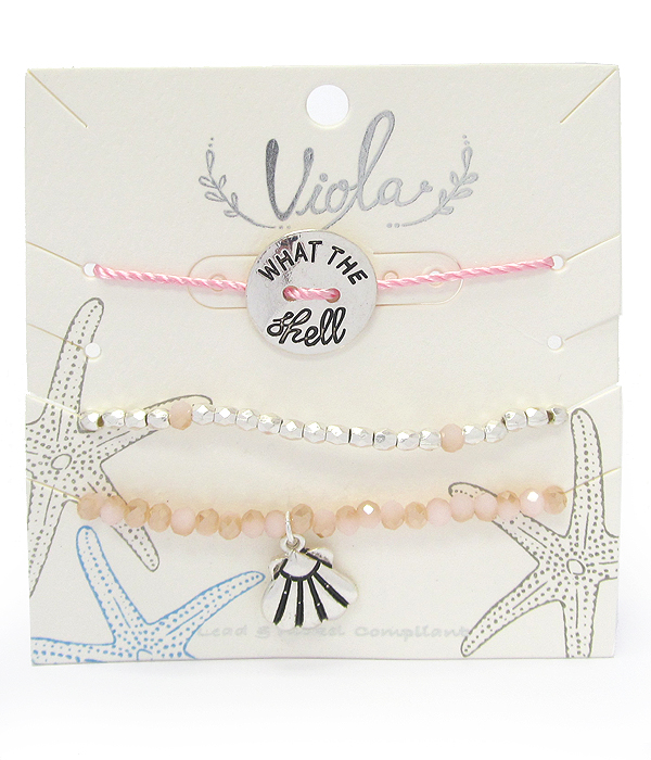 Pull tie and bead stretch three bracelet set - what the shell