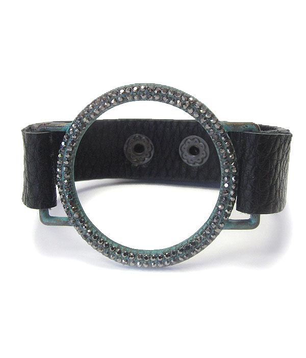 CRYSTAL RING LEATHER SNAP ON BRACELET