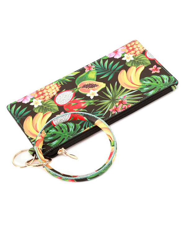 Keyring bangle bracelet with three compartment phone wallet - tropical theme
