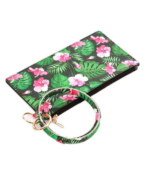 KEYRING BANGLE BRACELET WITH THREE COMPARTMENT PHONE WALLET - TROPICAL THEME