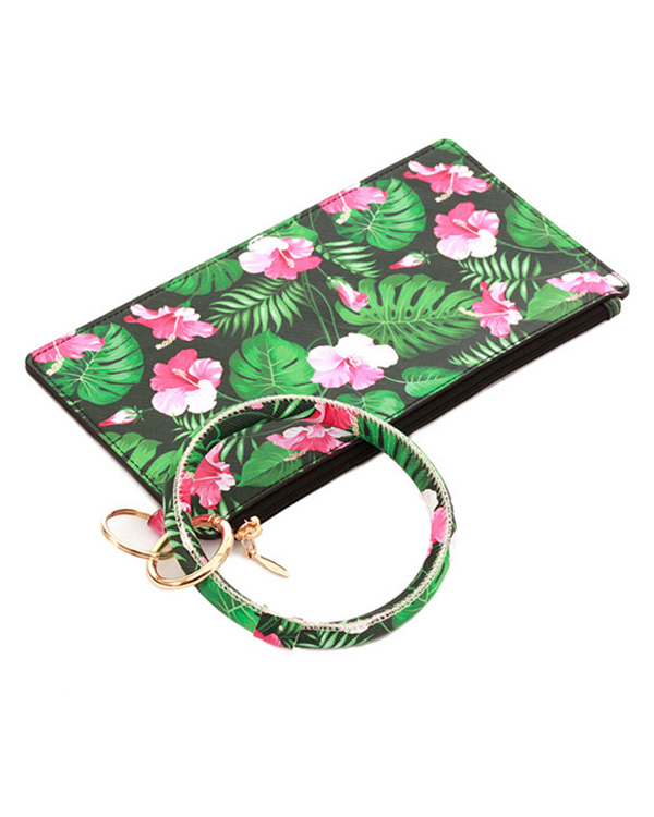 Keyring bangle bracelet with three compartment phone wallet - tropical theme