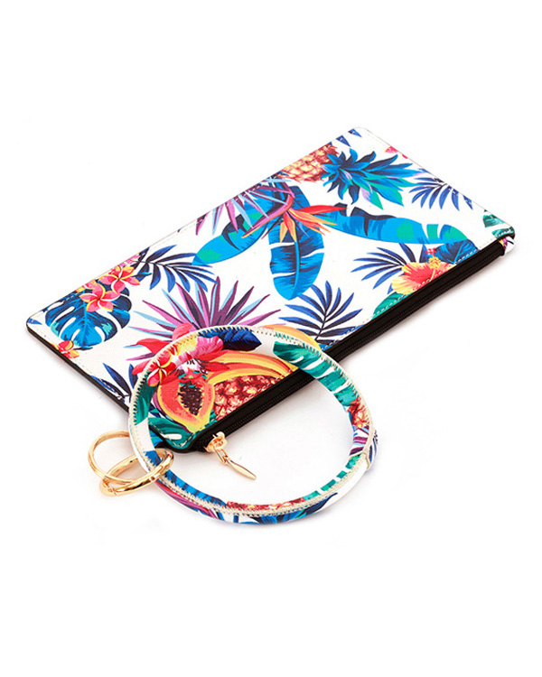 KEYRING BANGLE BRACELET WITH THREE COMPARTMENT PHONE WALLET - TROPICAL THEME