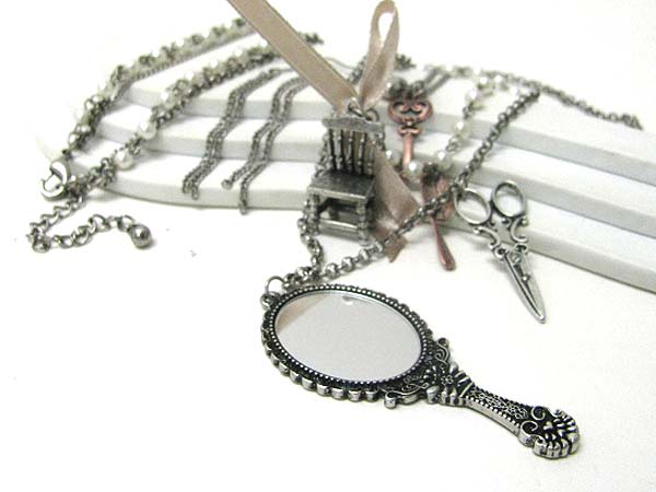 Hand mirror and scissors charm long necklace earring set