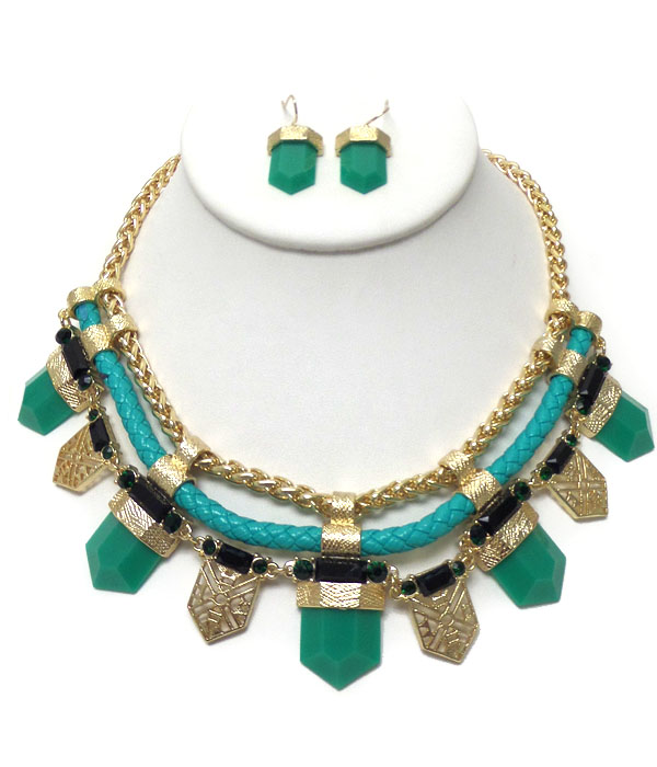 Acrylic stone and leatherette chain tribal style necklace earring set
