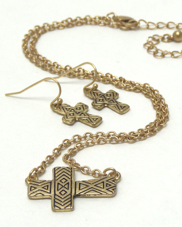 Tribal pattern cross pendant necklace and earring set