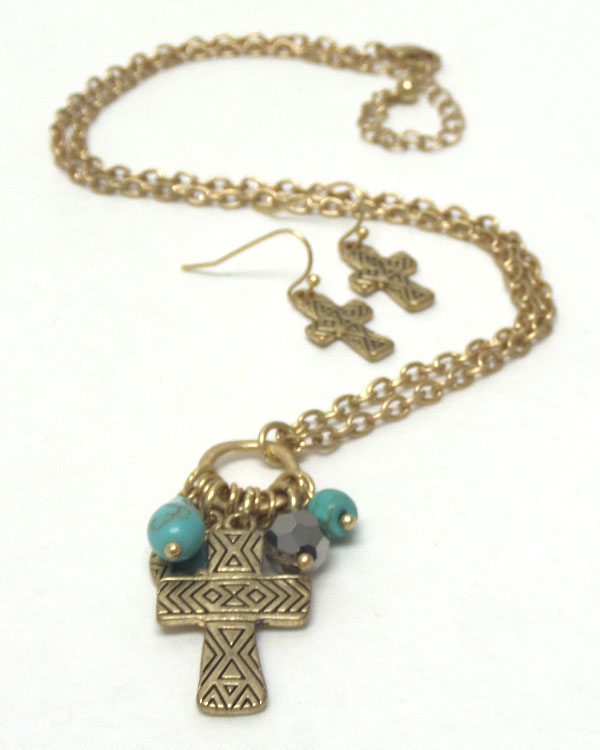 Tribal pattern cross pendant necklace and earring set