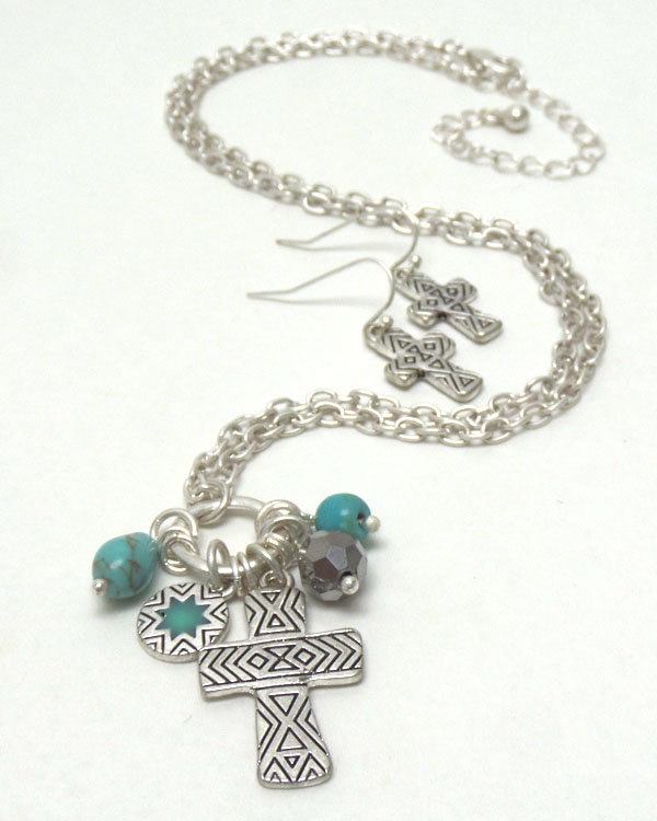 Tribal pattern cross pendant necklace and earring set