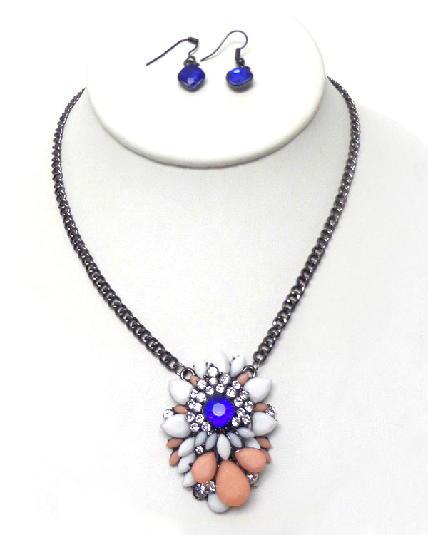 Shourouk style crystal and acrylic stone flower necklace earring set