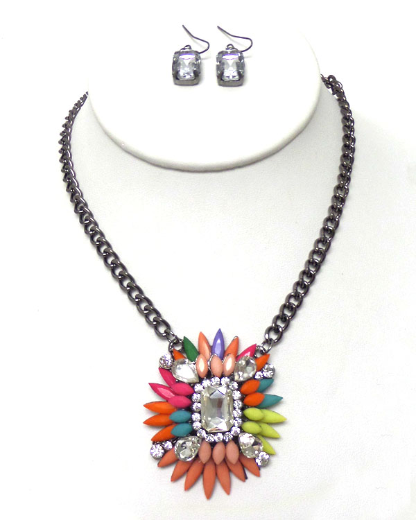 Shourouk style crystal and acrylic stone flower necklace earring set