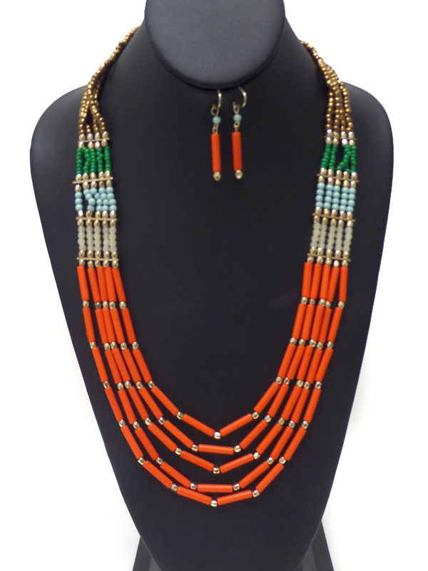 Five layers of multi size beads necklace earring set 