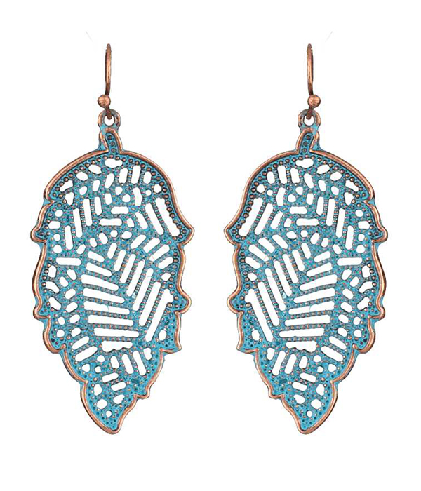 Metal filigree leaf fish hook earring