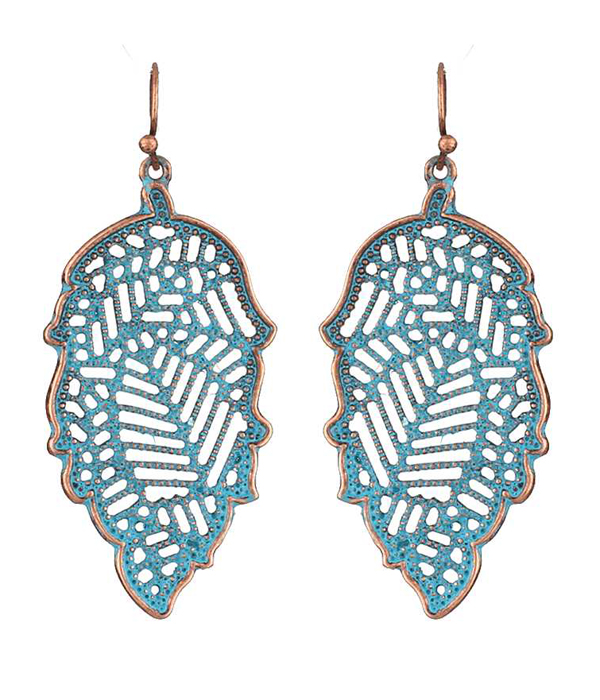 METAL FILIGREE LEAF FISH HOOK EARRING