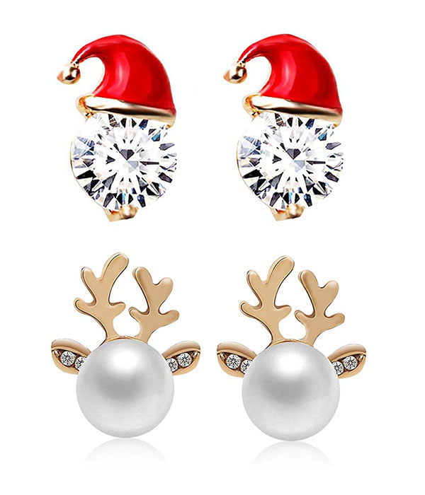 Christmas theme earring set - 2 pair deer & santa