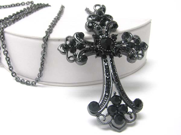 Crystal deco cross pendant long chain necklace