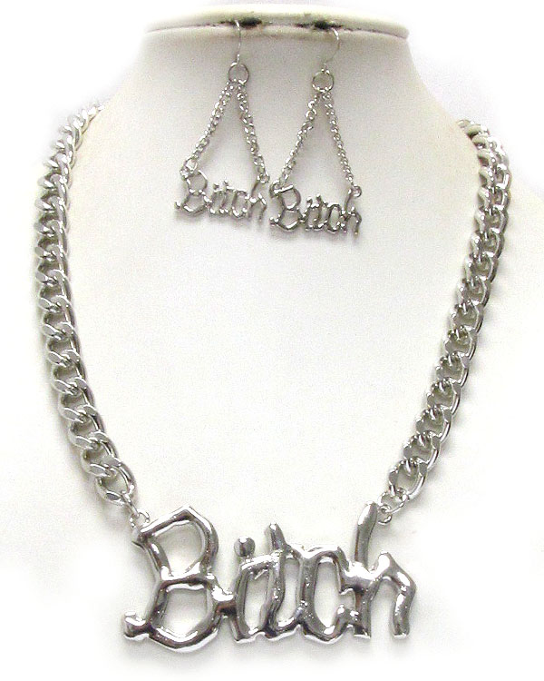 Bitch large metal pendant and thick chain necklace earring set