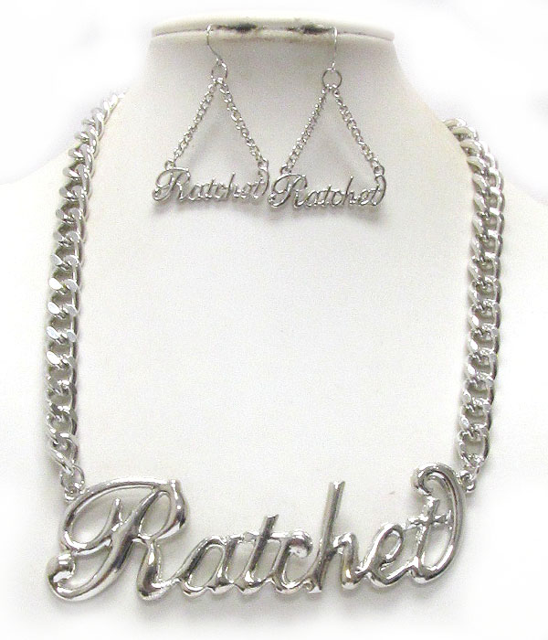 Ratchet large metal pendant and thick chain necklace earring set