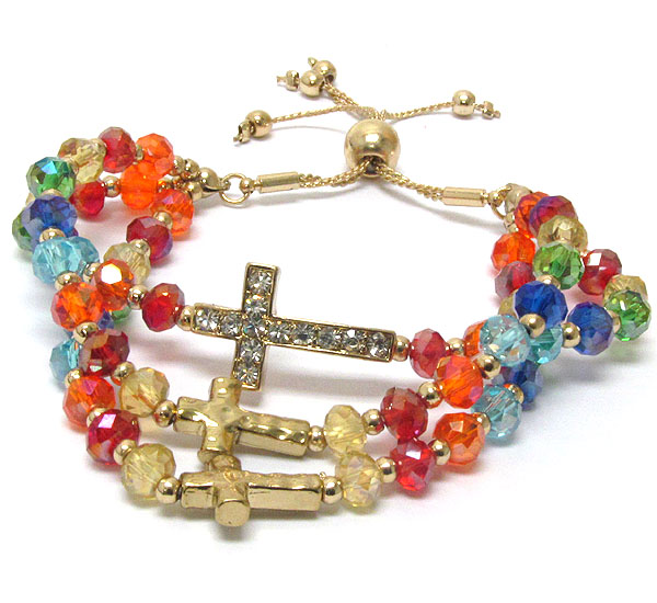 Multi cross and glass bead triple tie chain bracelet