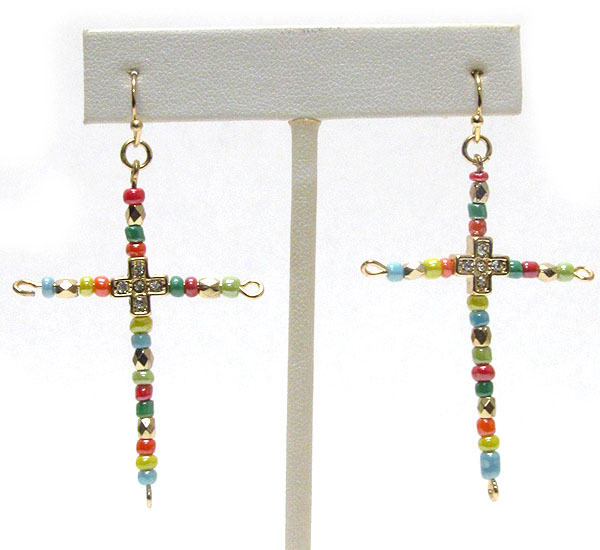 Crystal center and bead cross earring