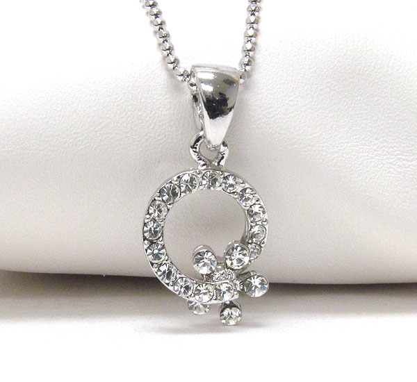 WHITEGOLD PLATING AND CRYSTAL DECO CIRCLE AND FLOWER PENDANT NECKLACE