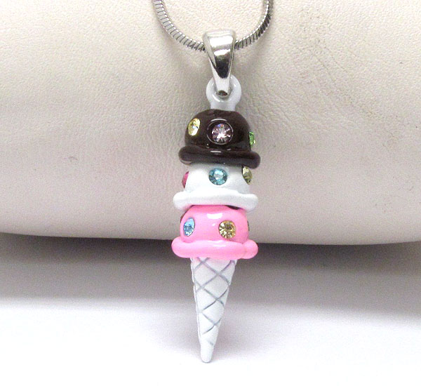 Whtie gold plating and crystal deco cone ice cream pendant necklace