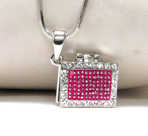 WHITEGOLD PLATING AND CRYSTAL DECO MAKEUP CASE PENDANT NECKLACE