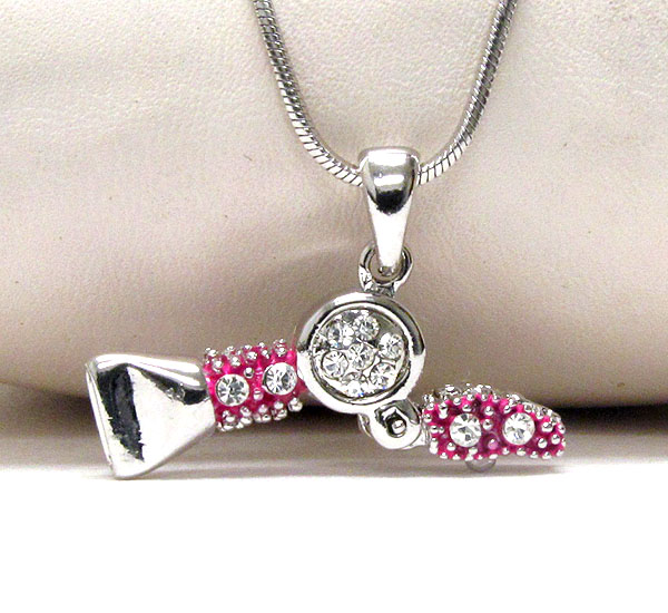 Made in korea whitegold plating and crystal deco hair dryer pendant necklace