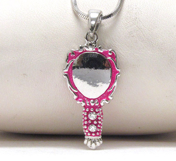 WHITEGOLD PLATING AND CRYSTAL DECO MIRROR PENDANT NECKLACE