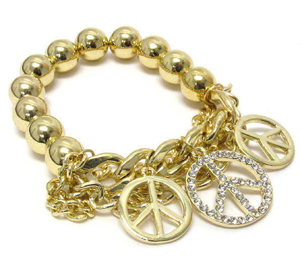 CRYSTAL DECO TRIPLE PEACE SYMBOL AND METAL BALL STRETCH BRACELET