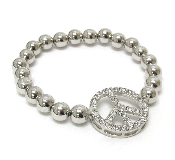 CRYSTAL PEACE SYMBOL AND METAL BALL STRETCH BRACELET