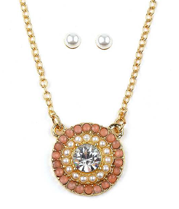 Crystal and pearl disk pendant necklace set