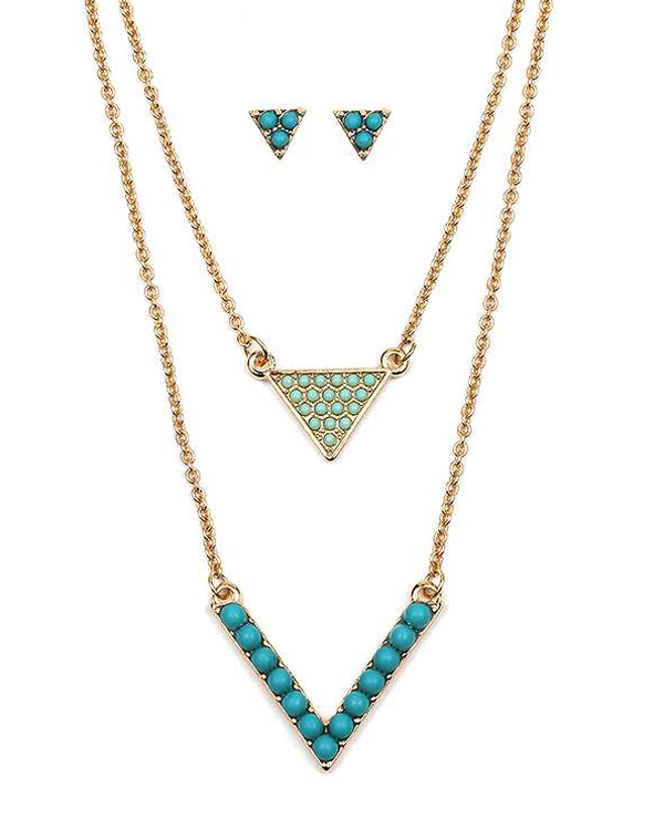 Turquoise chevron and triangle double layer necklace set