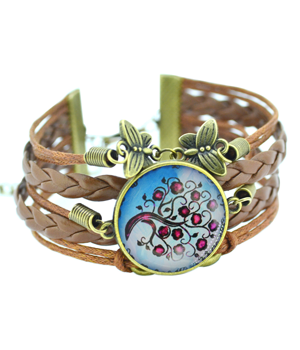Antique bronze life of tree cabochon multi leather chain bracelet